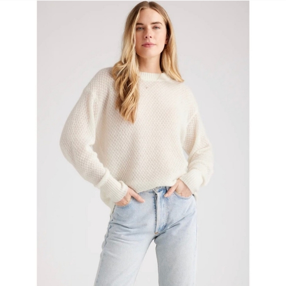Quince Sweaters - Quince Alpaca Wool Blend Diamond Stitch Creamy White Long Sleeve Jumper Sweater